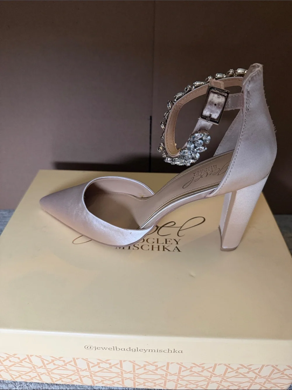 Jewel Badgley Mischka Blush Pink Satin Crystal-Ankle Heels 4 inch